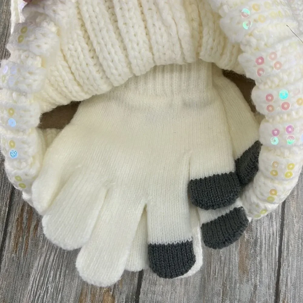 Girls Justice Ribbed & Full Print Winter Cozy Beanie and Gloves 2, 2-Piece Set